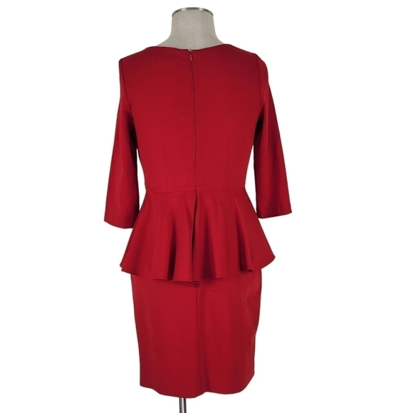 Belle Badgley Mischka Peplum Dress Size 4 Back Zipper 3/4 Sleeve Lined Red - Picture 4 of 11